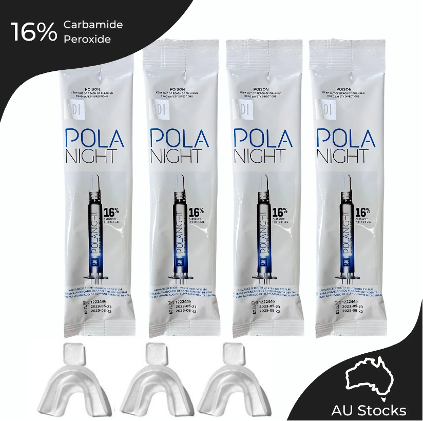 Pola Night 16% Carbamide Peroxide Home Teeth Whitening Gel Syringe 4x3grams and 3x Mouldable Trays |Shade Guide and Instructions Included