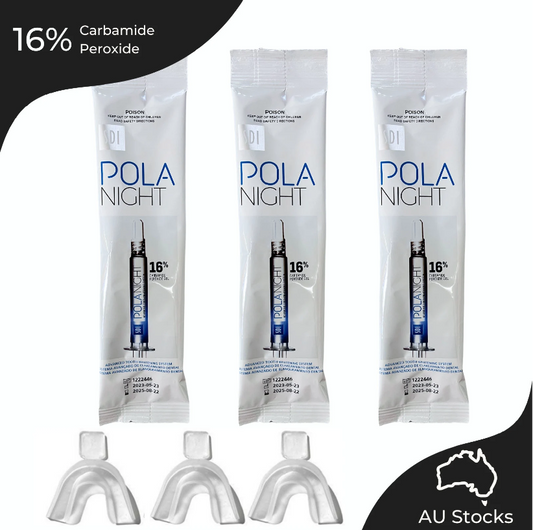 Pola Night 16% Carbamide Peroxide Home Teeth Whitening Gel Syringe 3x3grams and 3x Mouldable Trays |Shade Guide and Instructions Included