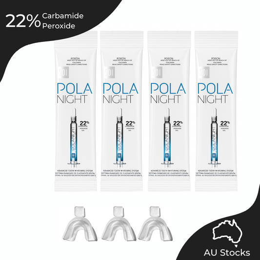 Pola Night 22% Carbamide Peroxide Home Teeth Whitening Gel Syringe 4x3grams and 3x Mouldable Trays |Shade Guide and Instructions Included